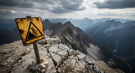 A weathered rusty yellow warning sign depicting a person falling down rocks stands on a rocky mountain peak overlooking a dramatic misty mountain range under a cloudy sky danger landscape
