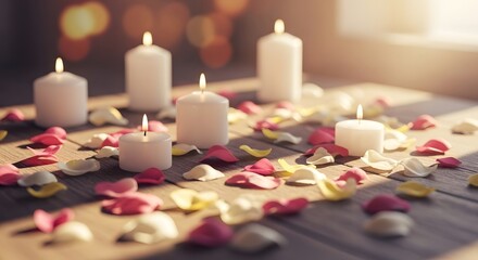 Soft candlelight with rose petals background for All Saints and Souls Day remembrance.
