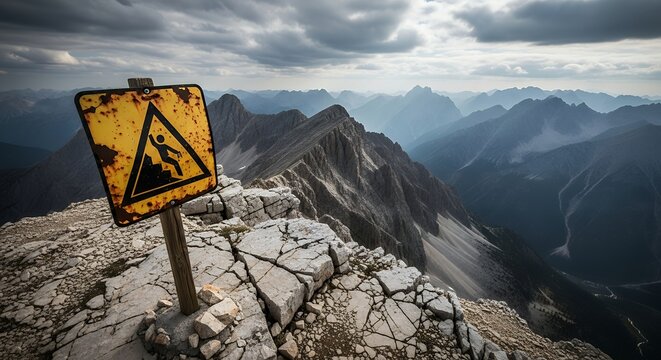 A weathered rusty yellow warning sign depicting a person falling down rocks stands on a rocky mountain peak overlooking a dramatic misty mountain range under a cloudy sky danger landscape