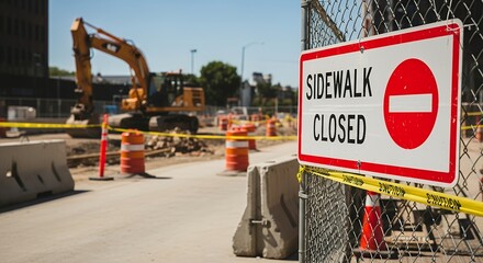 A construction site with an excavator and orange traffic cones is visible behind a chain link fence with a SIDEWALK CLOSED sign and yellow caution tape barriers industrial urban development