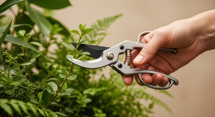 close-up of hand trimming green plants with garden shears in a lush garden setting