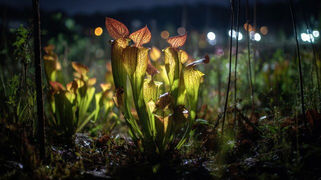 Carnivorous pitcher plants glow under night light, set against dark sky, soft focus lights