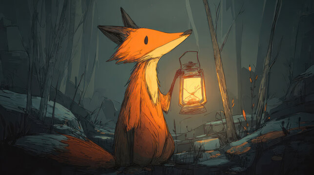 Cartoon fox with a lantern in a shadowy forest, drawn with sketchy line art style