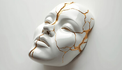 White porcelain mask with gold kintsugi repair lines. Art piece signifies embracing imperfections, finding beauty in brokenness. Healing, resilience, wholeness, perfect for wellness themes.