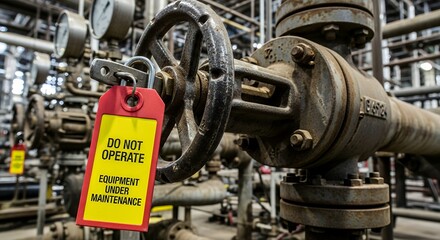A yellow tag reading DO NOT OPERATE EQUIPMENT UNDER MAINTENANCE is attached to a rusty metal valve in an industrial setting with visible pipes and gauges safety machinery factory hazard