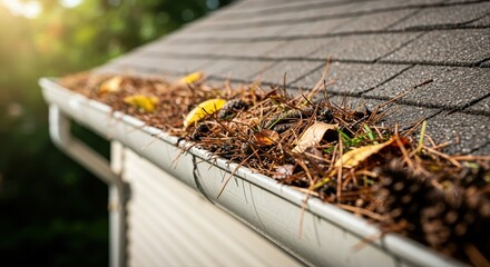 close-up view of autumn leaves and debris in a gutter on a sunny day highlighting maintenance needs