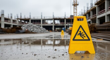 A bright yellow wet floor caution sign stands on a muddy wet construction site reflecting the overcast sky and unfinished building structure Safety Warning Hazard Slippery Danger Water
