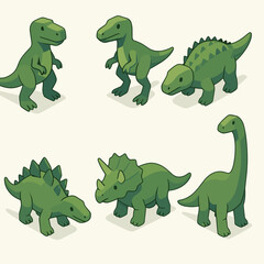Isometric dinosaurs set in green tones. Cute 3D prehistoric animal collection