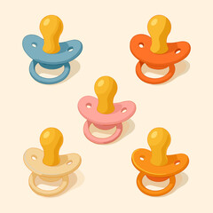 Cute baby pacifier icons in pastel colors. Vector illustration for newborn design, baby shower, parenting or nursery themes