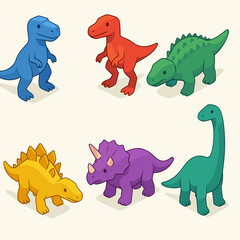 Bright colorful dinosaurs in isometric style. Educational kids illustration set