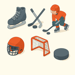 Vector set with hockey gear and player. Includes skates, sticks, puck, helmet, and goal &mdash; perfect for sports design