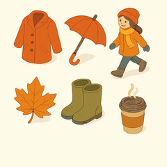 Illustration of autumn clothing and accessories &mdash; coat, umbrella, boots, leaf, and coffee cup. Cozy fall mood