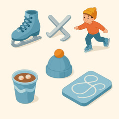 Cute winter illustration with skates, kid, cocoa, and hat. Cozy winter activity vector perfect for seasonal design