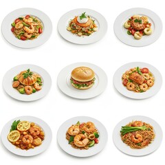 Nine different gourmet shrimp dishes arranged on white plates, top-down view, modern seafood selection for menu design, restaurant marketing, or culinary editorial layout