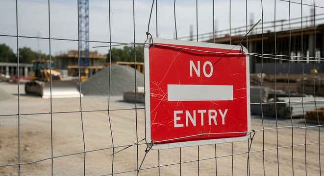 Red No Entry sign attached to a wire mesh fence at a construction site with heavy machinery and building materials visible in the background building site barrier restriction prohibition