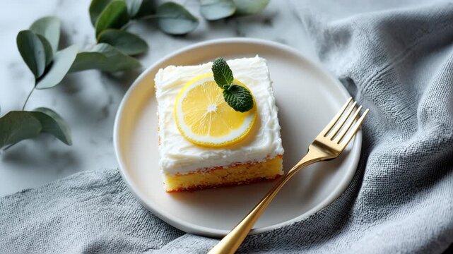 Close-up of a lemon cake piece with fluffy white cream, decorated with a lemon slice and mint, placed on a plate with a golden fork. Soft and fresh presentation.