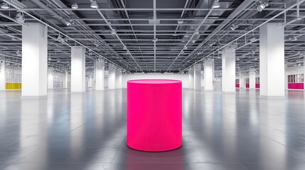 Obraz premium Captivating pink podium in a spacious showroom with columns and overhead lighting creating a modern minimalist stage