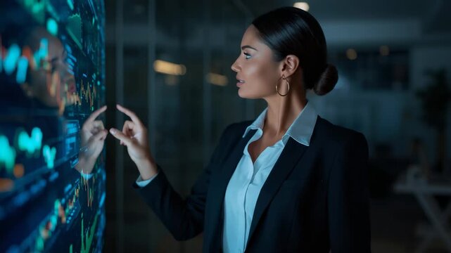 Raising hand, businesswoman pinching and swiping touchscreen in office, analyzing data, copy space