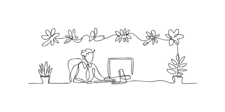 One line drawing of man working at computer surrounded by plants