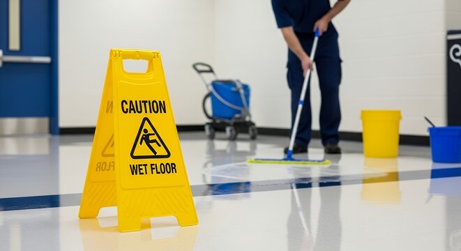 A person mops a gleaming white floor a yellow caution wet floor sign stands prominently in the foreground with cleaning equipment visible in the background Caution sign Mopping Safety - Powered by Adobe
