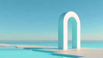 Serene beach scene with arch water horizon pastel colors tranquil scenery minimalistic design abstract art sky sea