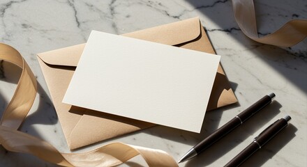 elegant invitation card and envelope with pens and ribbons on a sunlit marble surface