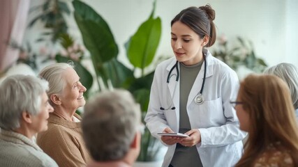 Entering communal lounge doctor in white coat checking tablet with seniors, explaining health plan - Powered by Adobe