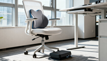 Fototapeta premium modern ergonomic office chair in bright workspace with lumbar support and footrest