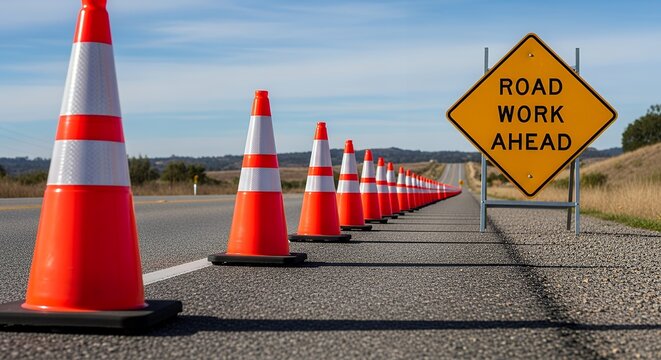 Orange and white traffic cones are lined up on an asphalt road leading towards a distant hill with a yellow diamond ROAD WORK AHEAD sign prominently displayed construction safety highway