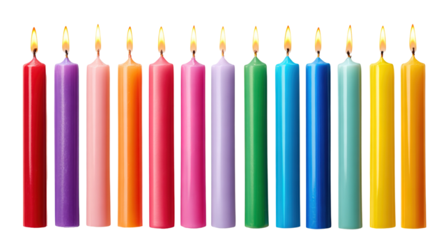 colorful birthday candles isolated on transparent white background
