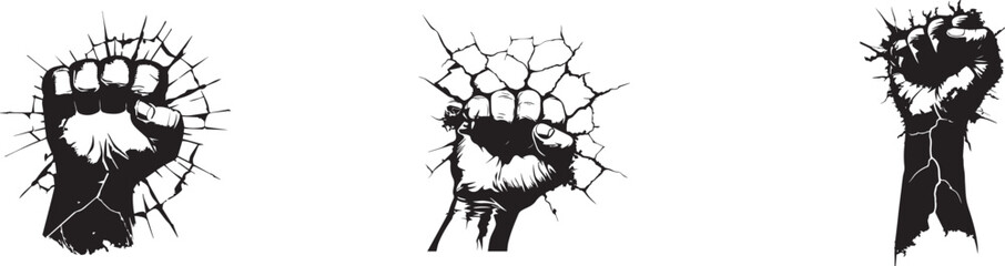 Powerful black fist silhouette vector breaking through a cracked wall — symbol of strength, freedom, protest, revolution, and resilience, perfect for activism posters, logos, and motivational designs.