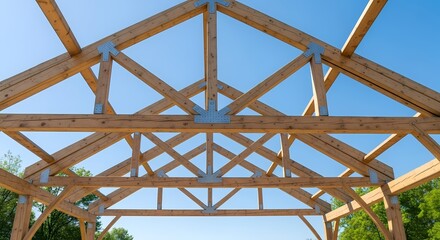 Exposed Timber Frame Structure Under Clear Blue Sky