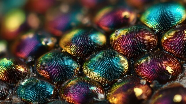 Close-up showing multi-colored, dome-shaped forms with fine, parallel, textured lines