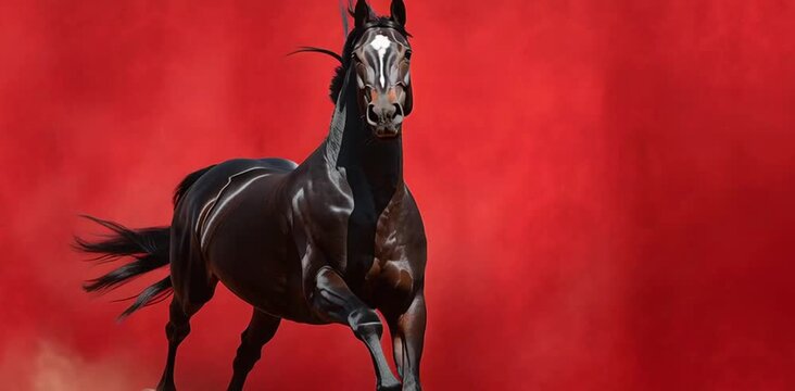 A vigorous black stallion with a white stripe on its muzzle gallops against a red background with space for text. Chinese symbol for the year 2026. Black horse on a red background.