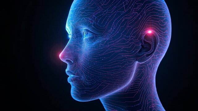 Animating head rotating in black void scanning neural circuits after red node appearing at nose tip