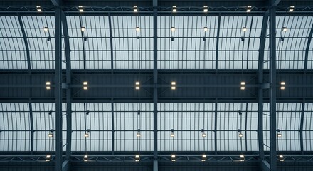 Obraz premium Modern Architecture Industrial Warehouse Ceiling and Skylights with Dramatic Lighting