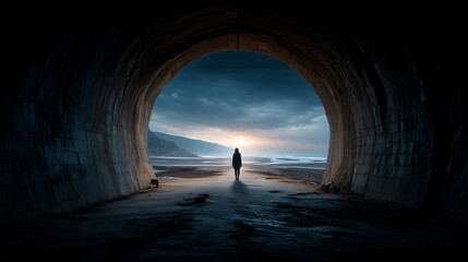 The dark silhouette of a woman standing at the exit of a tunnel, with a sunrise morning.