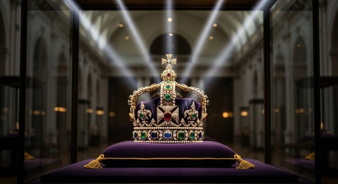 Ornate crown on purple cushion in glass display case