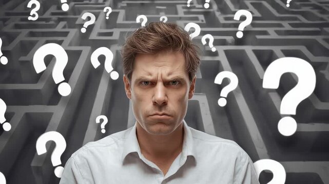 Standing light skinned adult male staring in studio maze, question marks floating showing confusion