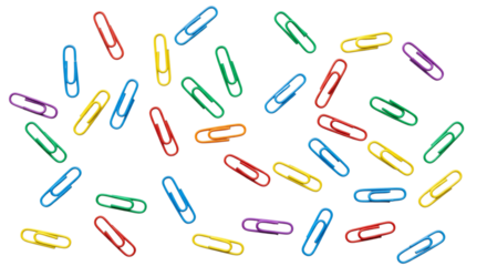Colorful paper clips scattered on an isolated on transparent background, office supplies