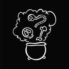 Halloween witch cauldron with skull, bone, and worm