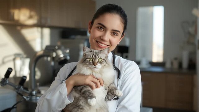 Lifting long-haired cat, adult female veterinarian calming feline in exam room, with stethoscope