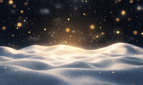 Winter scene with a dark night sky snowing and golden bokeh lights illuminating a pristine snow field. Empty background for copy