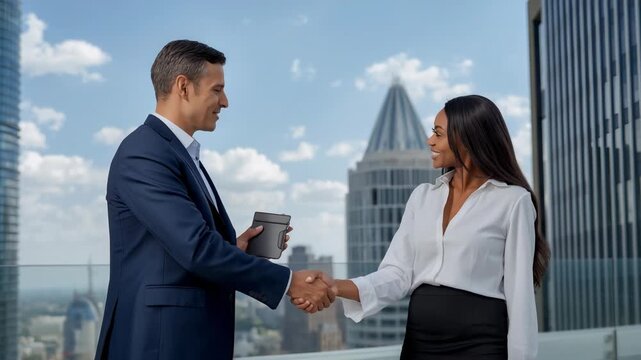 Arriving on terrace man in suit and businesswoman shaking hands with folio exchanging greetings