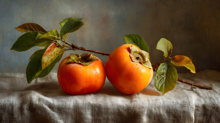 Persimmon Still Life on Linen