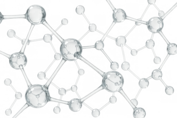 Abstract molecular structure creating a networked connection, chemistry and science combining liquid atoms on transparent background