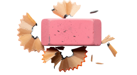 Pink eraser surrounded by pencil shavings isolated on transparent background top view