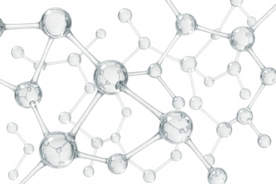 Abstract molecular structure creating a networked connection, chemistry and science combining liquid atoms on transparent background