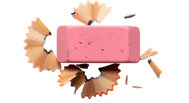 Pink eraser surrounded by pencil shavings isolated on transparent background top view