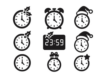 Holiday clock silhouette icon set. featuring alarm, christmas hat, holly, digital display, and gift symbols